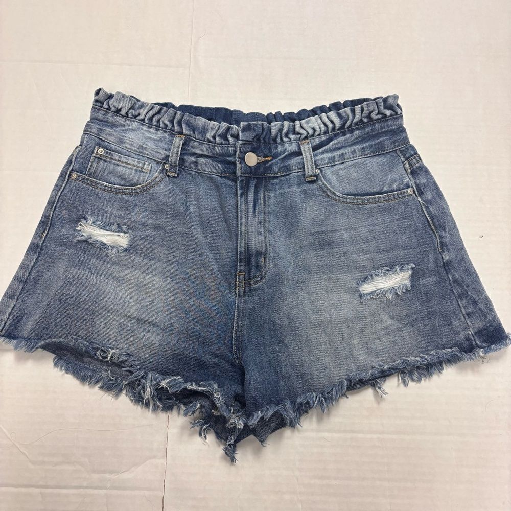 Hayden Medium Wash Scrunch Waist Denim Shorts Size Large Raw Hem
